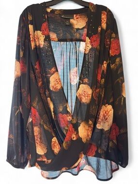 Lane Bryant Black Floral Wrap Top with Red & Cream Roses